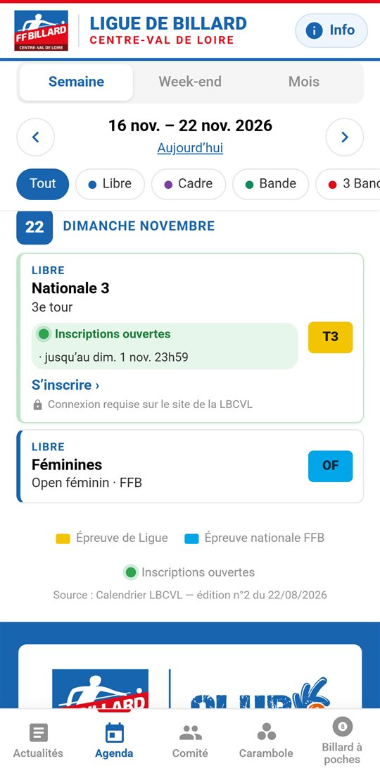 Écran Agenda avec une compétition aux inscriptions ouvertes